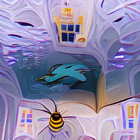 Von einer Artificial Intelligence hergestelltes Bild von einem Leseraum unter Wasser mit Delfin