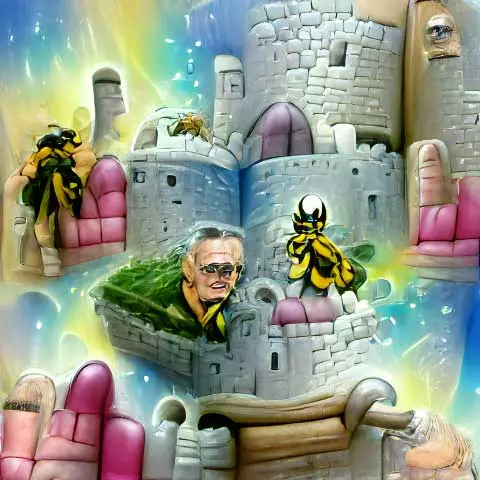 K.I. Comicbild mit zwei Bienen vor einem Schloss