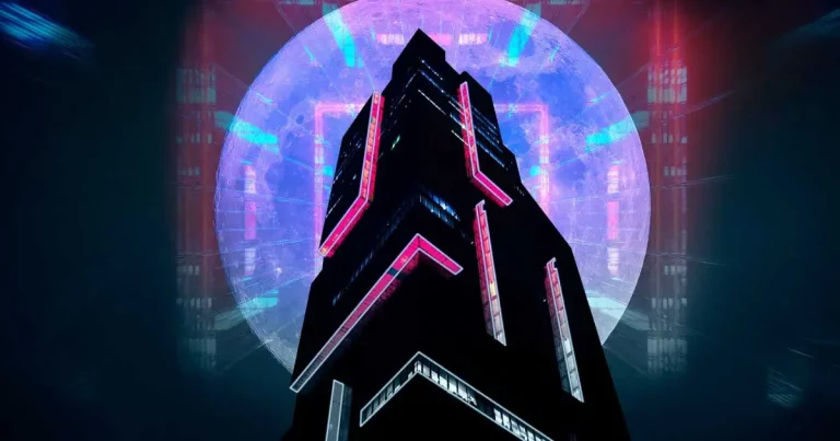 Zu sehen ist eine Illustration von einem Hochhaus und einem Mond