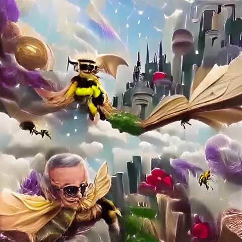 Digitale Kunst über eine Biene und eine Biene die aussieht wie Stan Lee, in einer Fantasy Welt