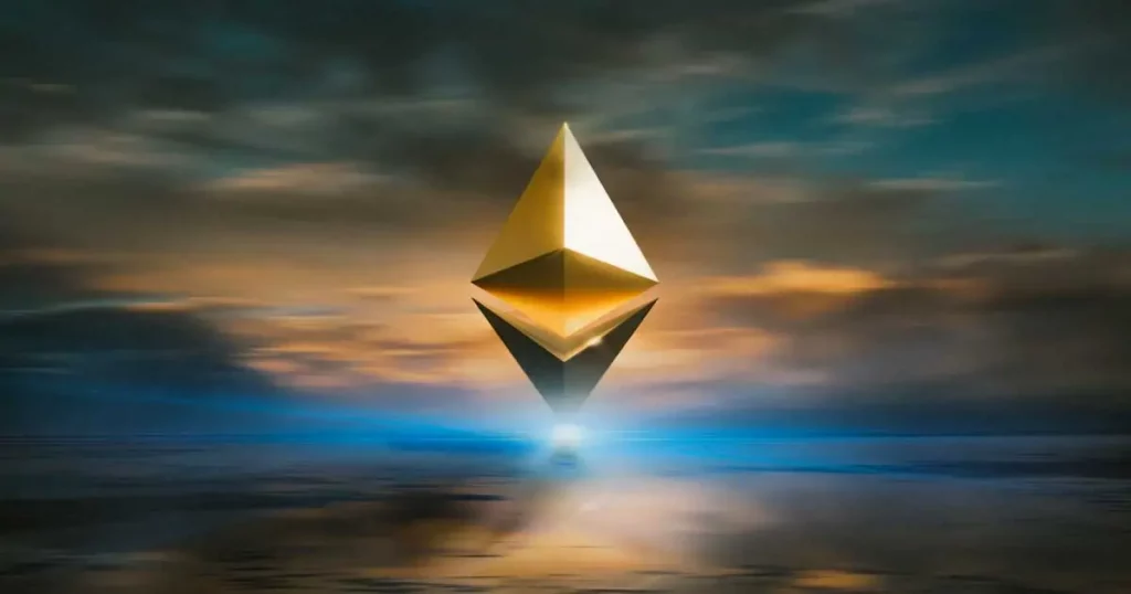 Digitales Kunstwerk auf dem das Logo der Kryptowährung Ethereum am Horizont zu sehen ist