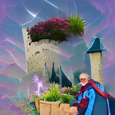 Digital, autonom hergestelltes abstraktes Kunstwerk, zu sehen ist ein Mann, ein Schloss und Wiese