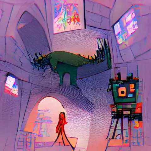 Artificial intelligence hergestelltes digitales Bild mit Mädchen, Dinosurier und Roboter